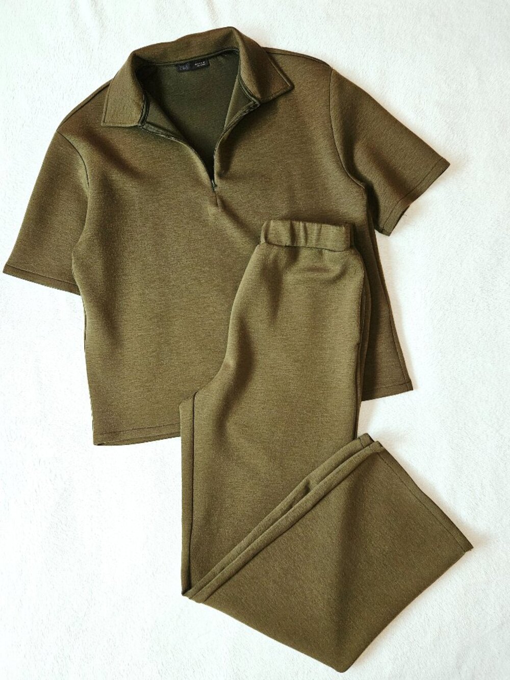 Zara Women's Outfit Set Khaki/Olive Flowy Zip Polo Collar Top Flowy Pants Size S - Picture 5 of 7